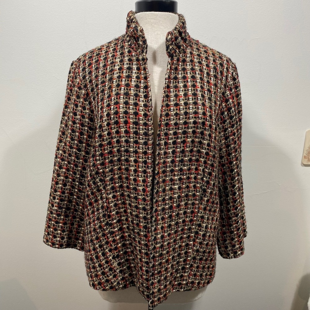 Chicos Tweed Jacket Women's Size XL‎ Black Red Gold Collarless Blazer